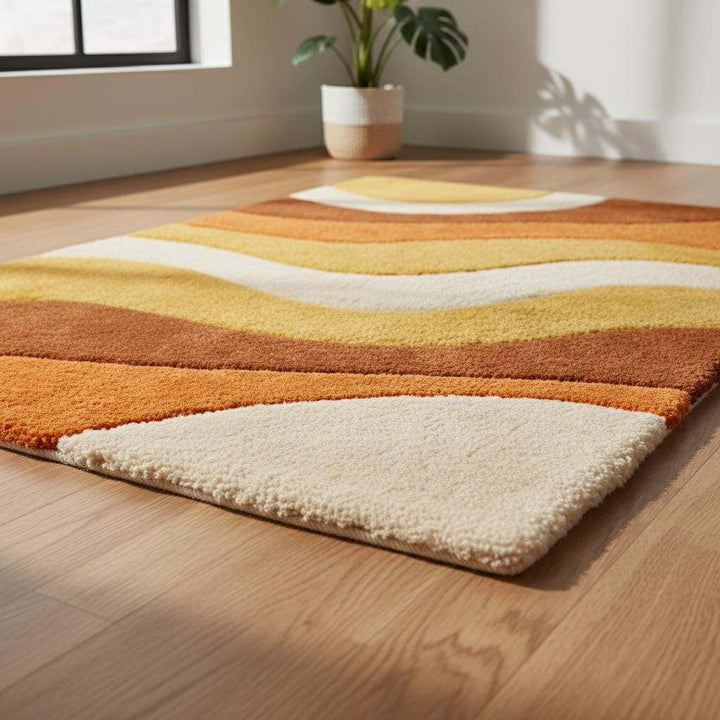 Translation missing: en.Warm retro accent rug with sculpted plush pile and vintage-inspired curves displayed in a sunlit corner with modern decor