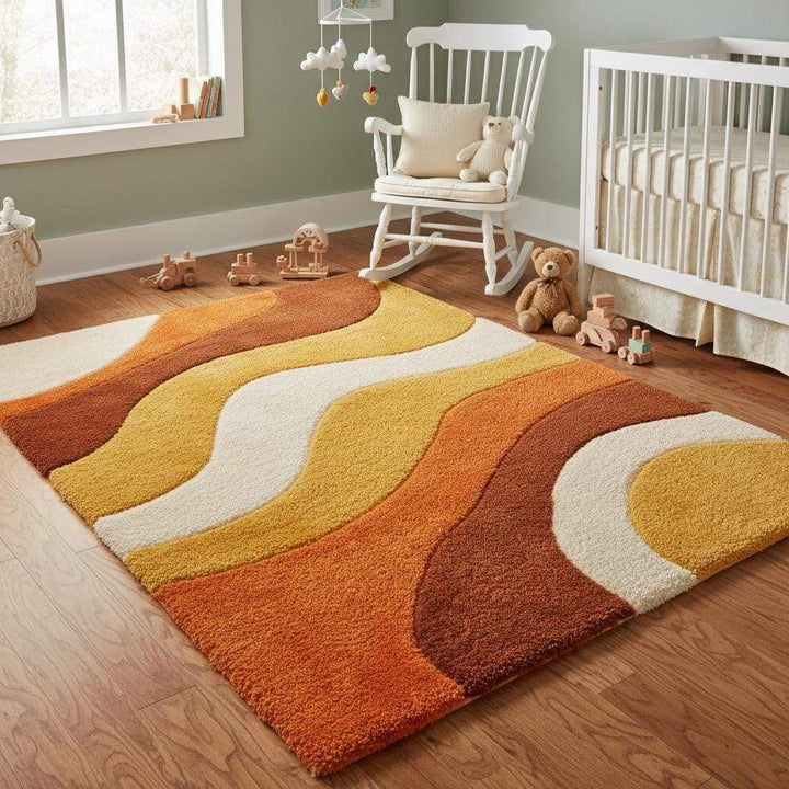 Translation missing: en.Soft shag rug with geometric wave design in bold 70s colors creating a stylish focal point in a cozy living space
