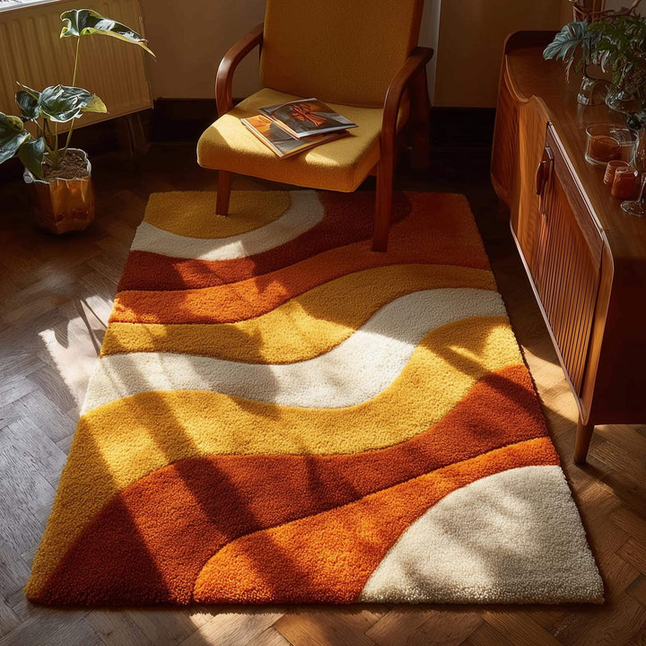 Translation missing: es.Retro sculpted shag rug with 70s wave pattern in mustard orange, plush textured mid century modern carpet