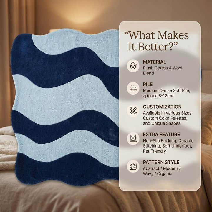 Translation missing: en.Modern wavy rug with abstract navy and light blue curved design for contemporary living rooms