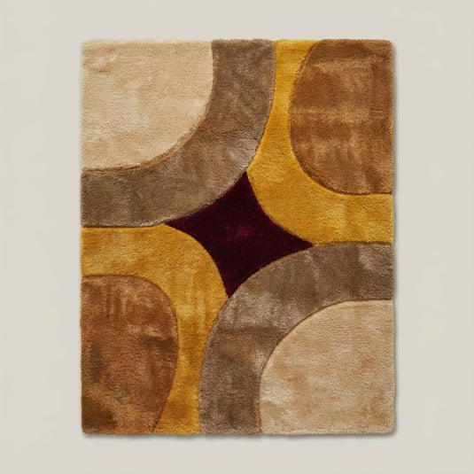 Translation missing: es.Mid century modern living room decor with 70s style geometric carpet adding warmth and texture to wooden floors