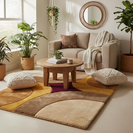 Translation missing: es.Soft plush retro area rug with bold curves and warm tones placed between vintage armchair and yellow lounge chair
