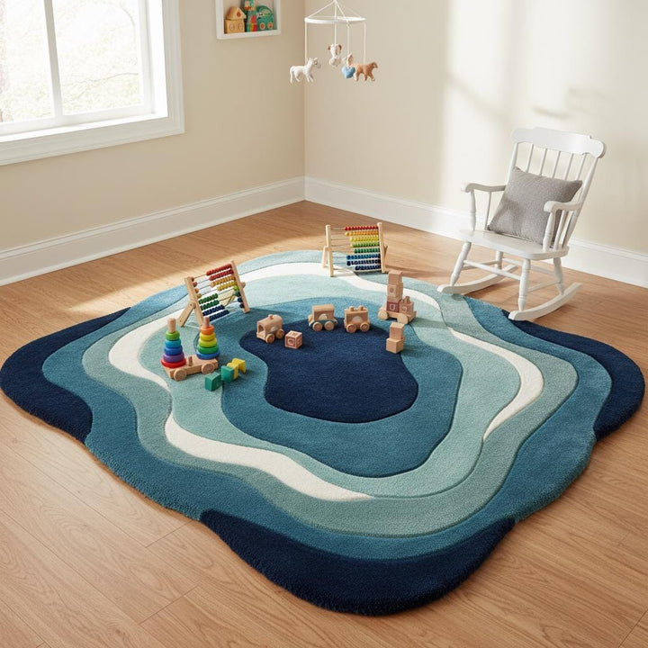 Translation missing: en.Teal and navy abstract area rug with flowing curved shapes styled under a blue chair on warm herringbone flooring
