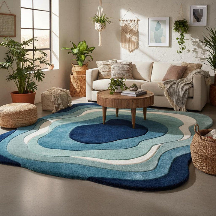Translation missing: en.Soft plush abstract rug in blue tones styled with a velvet blue armchair and mid-century décor in a sunlit home interior