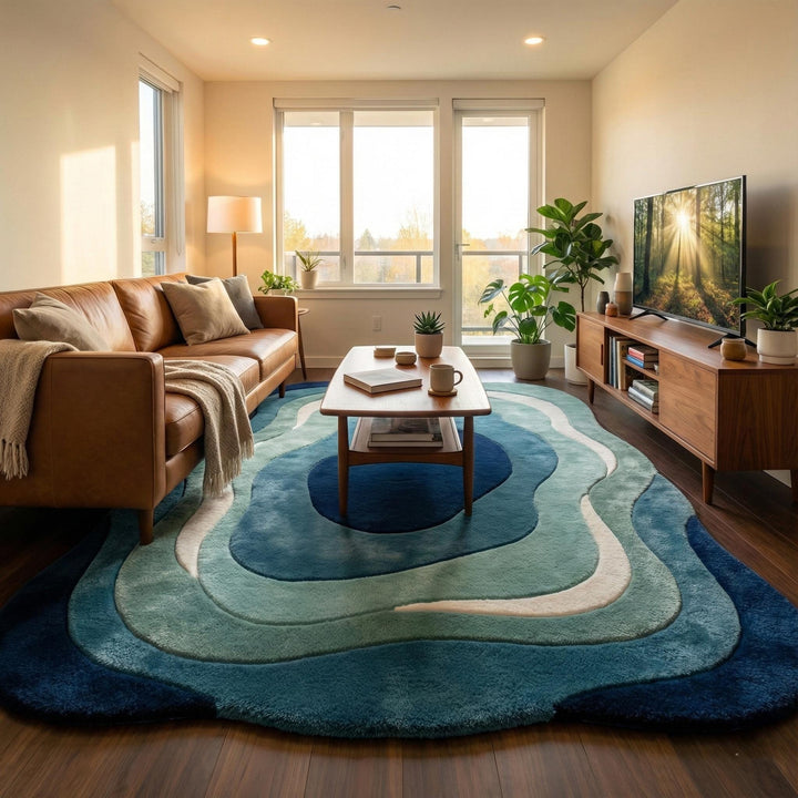 Translation missing: en.Abstract modern wavy rug with ocean blue pattern and plush soft texture