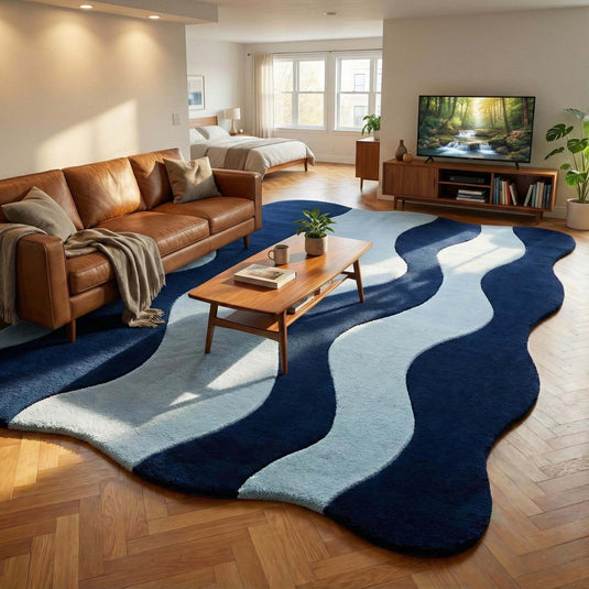 Translation missing: es.Modern wavy rug with abstract navy and light blue curved design, soft high pile, and unique shape for contemporary living rooms