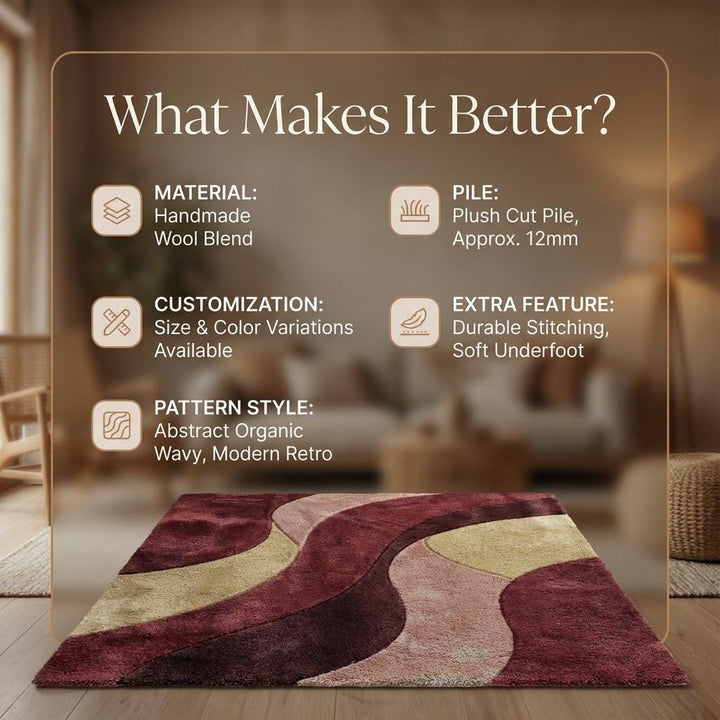 Translation missing: en.Burgundy retro wavy area rug with plush geometric mid-century modern design