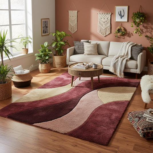 Translation missing: en.Abstract geometric rug with plush texture and warm color palette placed on a parquet wood floor
