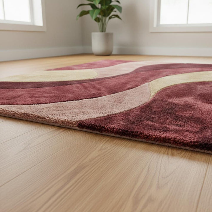 Translation missing: en.Retro wavy area rug with burgundy plush geometric mid-century pattern