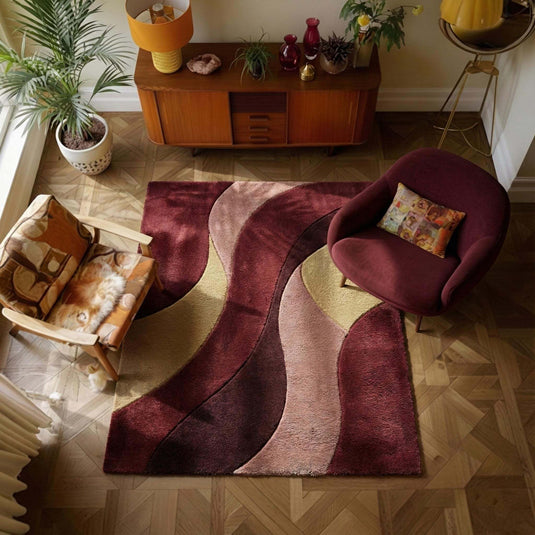 Translation missing: en.Retro wavy area rug with burgundy plush geometric pattern for mid-century modern decor