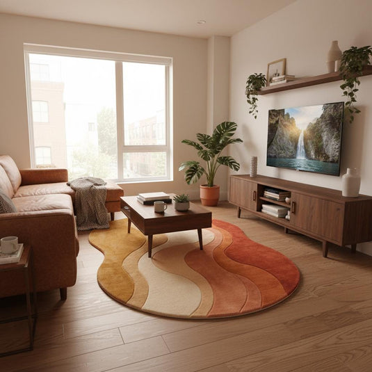 Translation missing: en.Boho modern wavy wool rug with raised tufting details styled next to mustard armchair and indoor plants