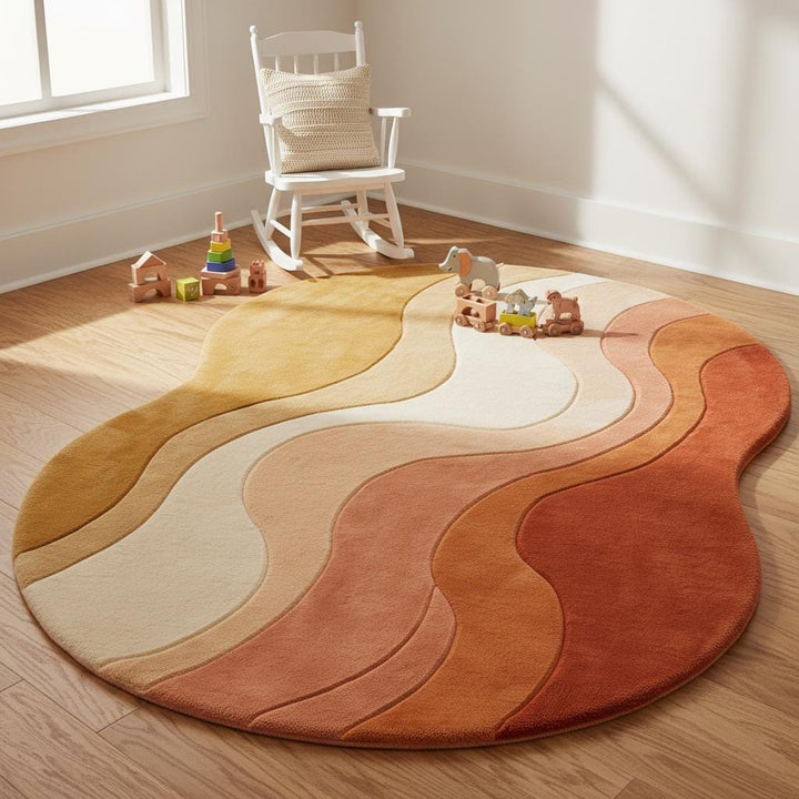 Translation missing: en.Retro inspired wavy rug in soft wool with dimensional carved texture, perfect for boho and mid-century home decor