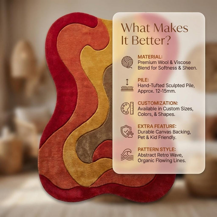 Translation missing: en.Retro wavy area rug with plush soft pile and 70s style abstract carpet design in warm reds, golds, and browns