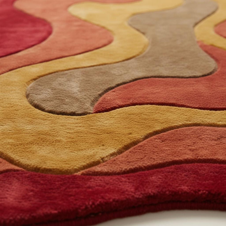Translation missing: en.Statement mid century modern rug in bold warm tones, perfect for boho or retro home décor, shown in a stylish reading nook