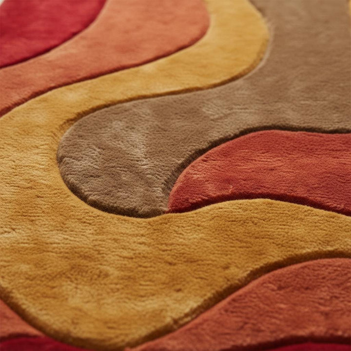 Translation missing: en.Retro wavy area rug with plush soft pile and 70s style abstract design in warm reds and browns