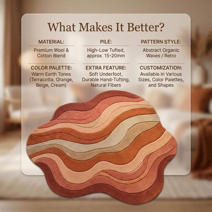 Translation missing: es.Wavy retro area rug with plush tufted texture and warm earth tones in organic sculpted shape