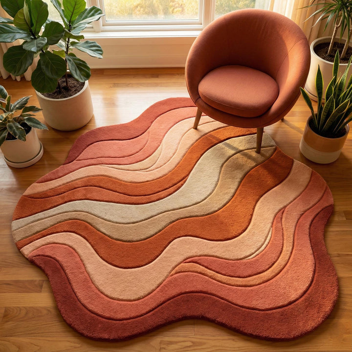 Translation missing: es.Wavy retro area rug with plush tufted texture and warm earth tones in organic sculpted shape