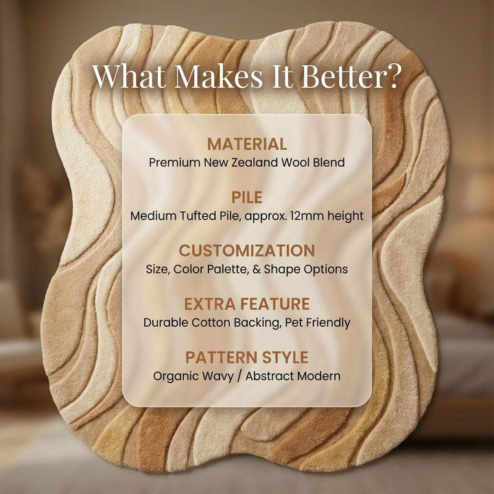 Translation missing: es.Neutral beige curved area rug with wavy sculpted texture in modern living room setting