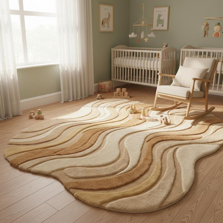 Translation missing: es.Curved area rug with wavy sculpted texture in neutral beige for modern living room decor