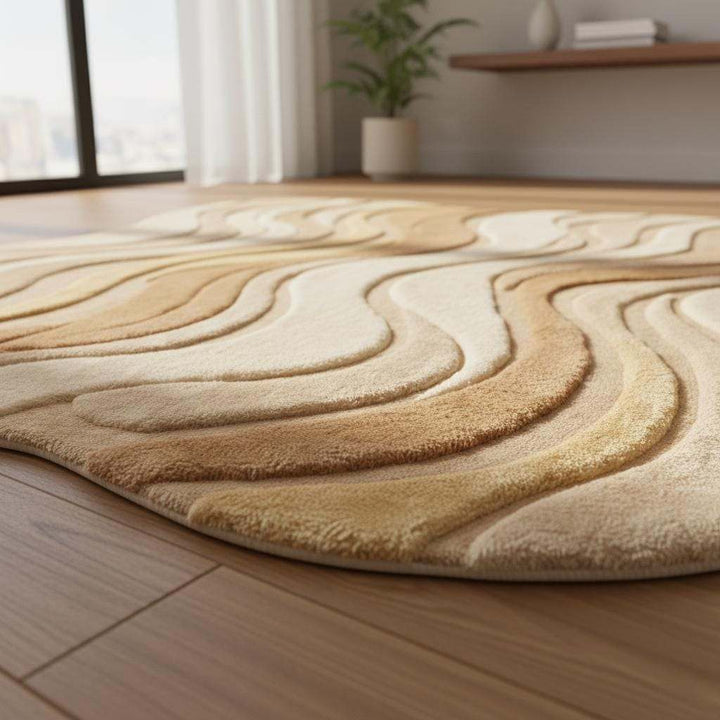 Translation missing: es.Neutral beige curved area rug with wavy sculpted texture for modern living room decor