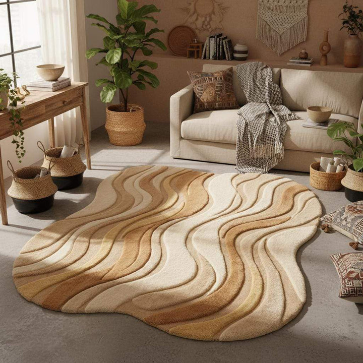Translation missing: es.Neutral beige curved area rug with wavy sculpted texture in modern living room setting
