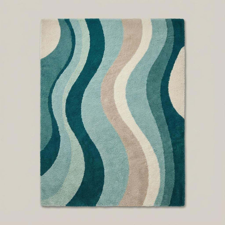 Translation missing: en.Soft plush retro accent rug featuring curvy abstract lines in teal and cream on a parquet floor