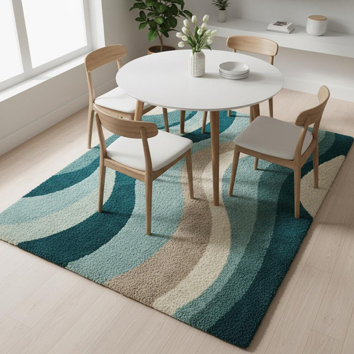 Translation missing: en.Modern plush rug with teal and beige wave pattern enhancing a cozy mid-century living room layout