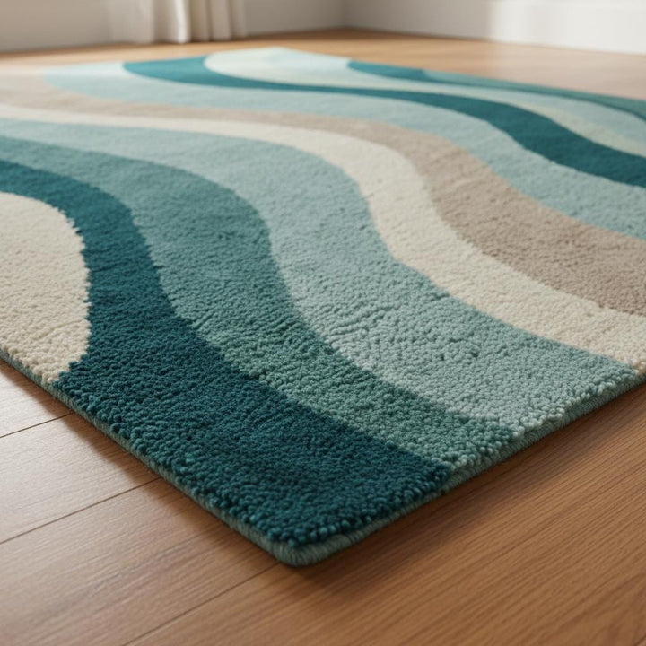 Translation missing: en.Teal wavy pattern carpet adding a retro touch to a bright living space with natural light
