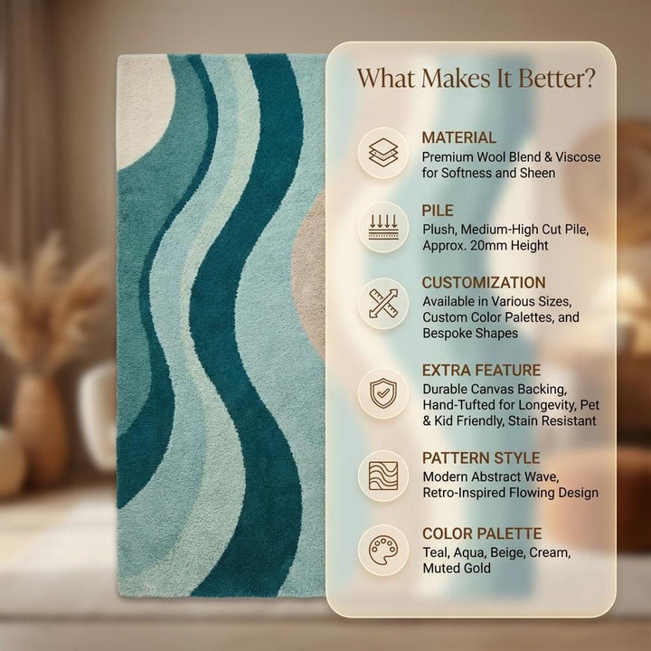 Translation missing: en.Mid century modern rug with plush teal wavy abstract pattern and synthetic fiber material