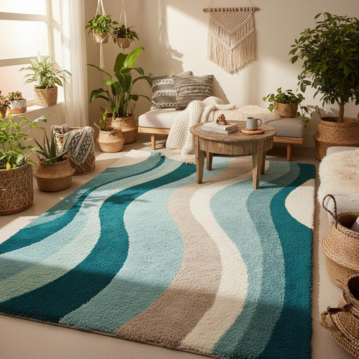 Translation missing: en.Scandinavian-inspired modern rug with bold wave design under mid-century chairs and sideboard