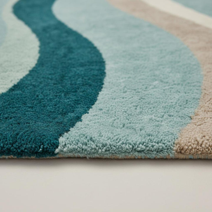 Translation missing: en.Mid century modern rug with plush teal wavy abstract pattern and durable synthetic fiber design