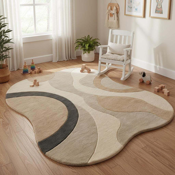 Translation missing: en.Hand tufted wool rug with organic curved shape in neutral tones for modern home decor