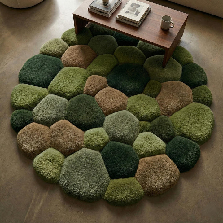 Translation missing: en.Soft nature-inspired stone rug in multiple green shades, showing plush tufted texture resembling moss and river rocks