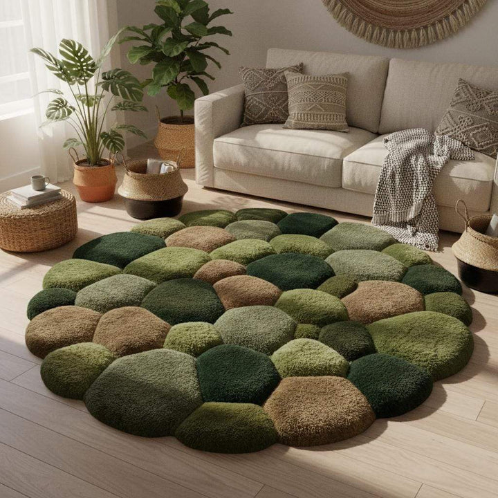 Translation missing: en.Organic modern pebble carpet with raised 3D shapes and earthy green palette decorating a minimalist living space