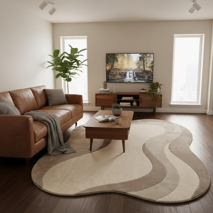 Translation missing: es.Neutral wavy area rug with plush sculpted pile and curved abstract design for modern living rooms