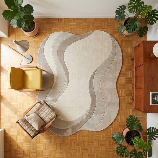 Translation missing: es.Neutral wavy area rug with curved abstract design and plush soft texture for modern living room decor