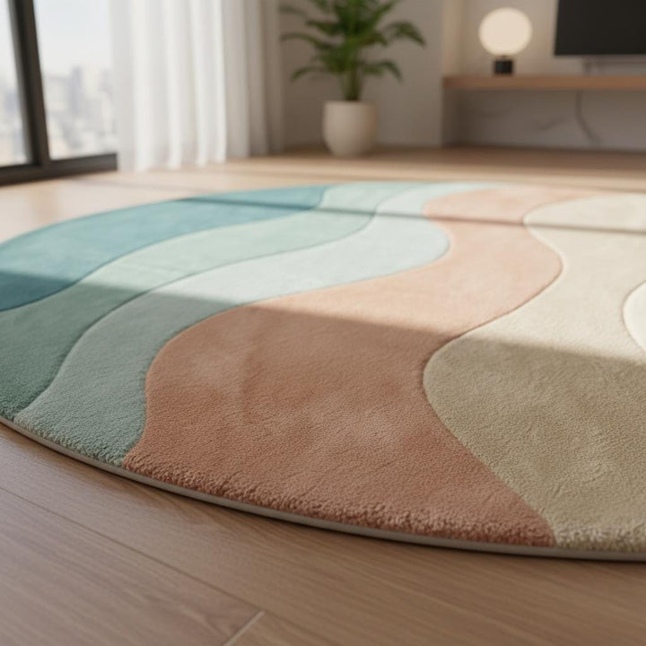 Translation missing: es.Modern wavy area rug with curvy wave design in soft teal, peach, sage, and cream tones, plush round carpet for living room decor