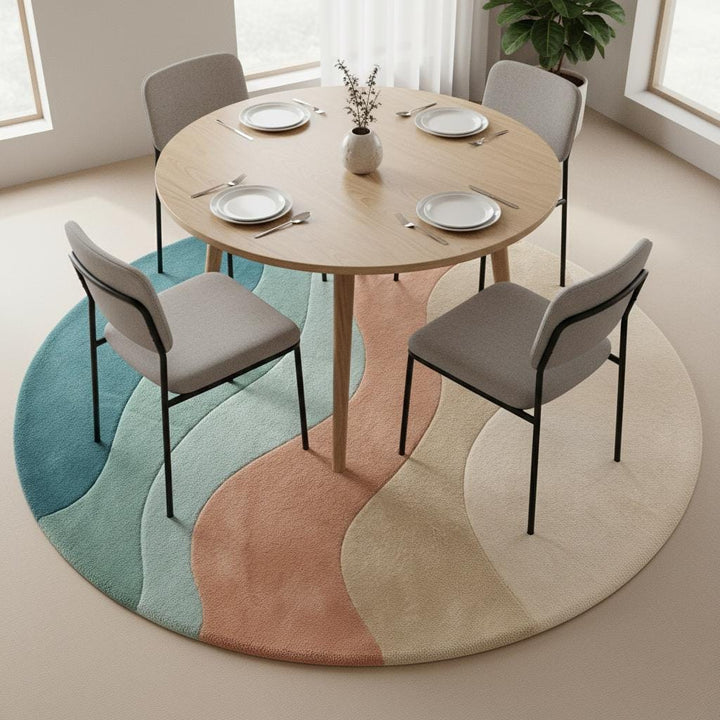 Translation missing: es.Decorative round accent rug with modern geometric waves enhancing a Scandinavian-inspired room with natural light and wooden furniture