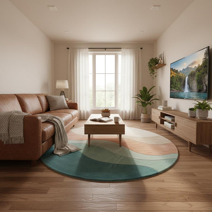 Translation missing: es.Mid-century modern inspired round carpet with sculpted wave texture surrounded by stylish chairs and indoor plants