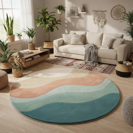 Translation missing: es.Soft plush round area rug featuring modern curved design and pastel colors on a wooden parquet floor beneath minimalist décor
