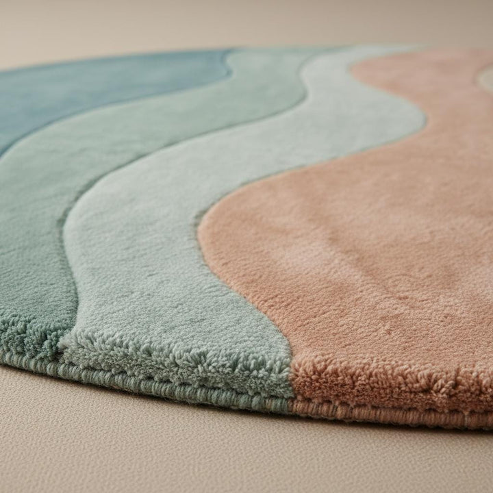 Translation missing: es.Modern round wavy area rug with curvy wave design in neutral soft teal, peach, sage, and cream tones