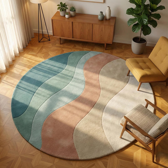 Translation missing: es.Modern wavy area rug with curvy wave design in neutral tones, soft plush round carpet for living room
