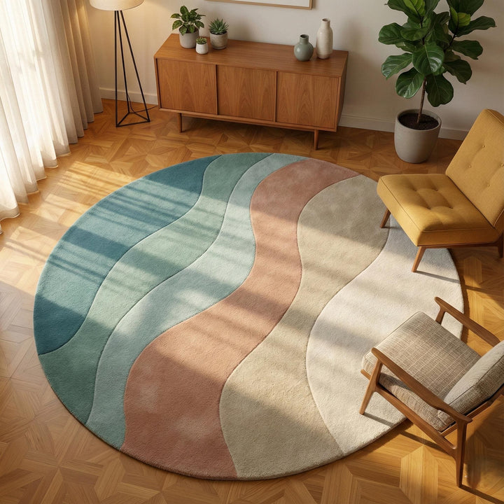 Translation missing: es.Modern wavy area rug with curvy wave design in neutral tones, soft plush round carpet for living room