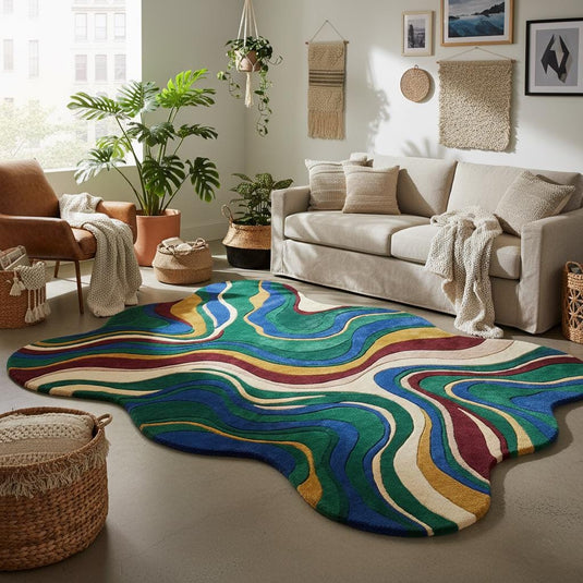 Translation missing: es.Organic shape abstract rug featuring vibrant swirling patterns in a bright living space with plants and minimalist furniture