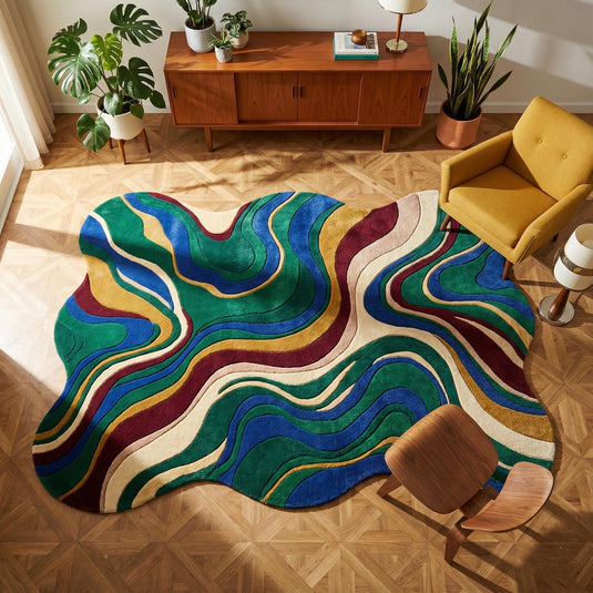 Translation missing: es.Abstract wavy rug with vibrant retro modern colors and organic wavy edges in mid-century style