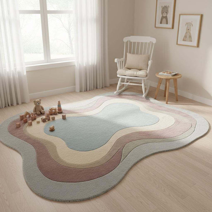 Translation missing: en.Unique irregular shape area rug with abstract contours, luxurious tufted wool design on parquet flooring for minimalist homes