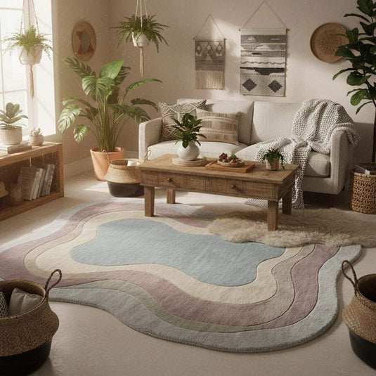 Translation missing: es.Modern pastel wavy rug with organic silhouette, hand-tufted wool texture shown in a mid-century style living room interior