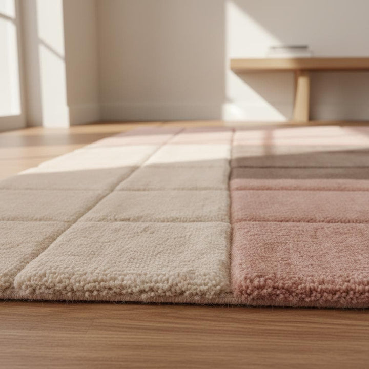 Translation missing: en.Plush geometric area rug with textured squares in pink and beige hues, perfect for modern or Scandinavian home décor
