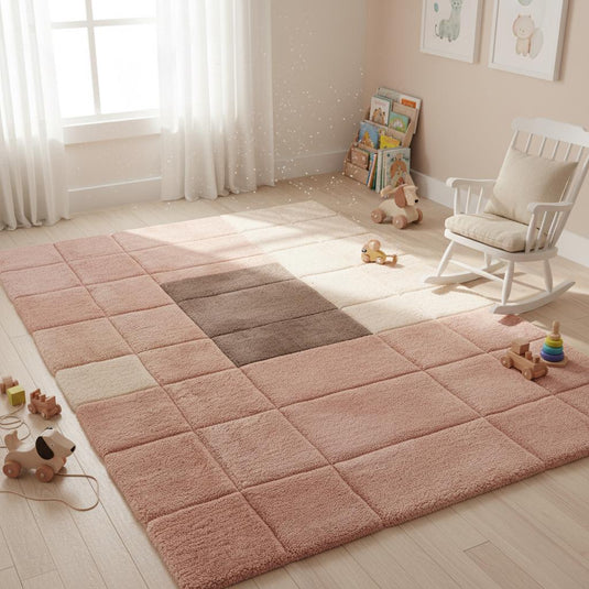 Translation missing: es.Decorative abstract tufted rug featuring blush and neutral blocks, shown with modern furniture for a cozy interior look