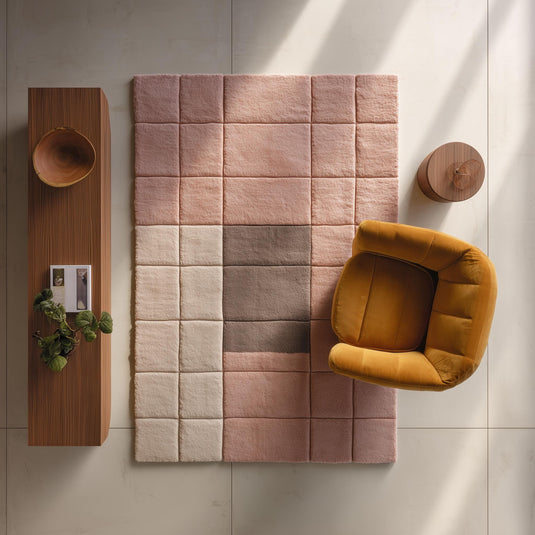 Translation missing: es.Modern geometric rug with plush pink neutral tones and textured grid pattern